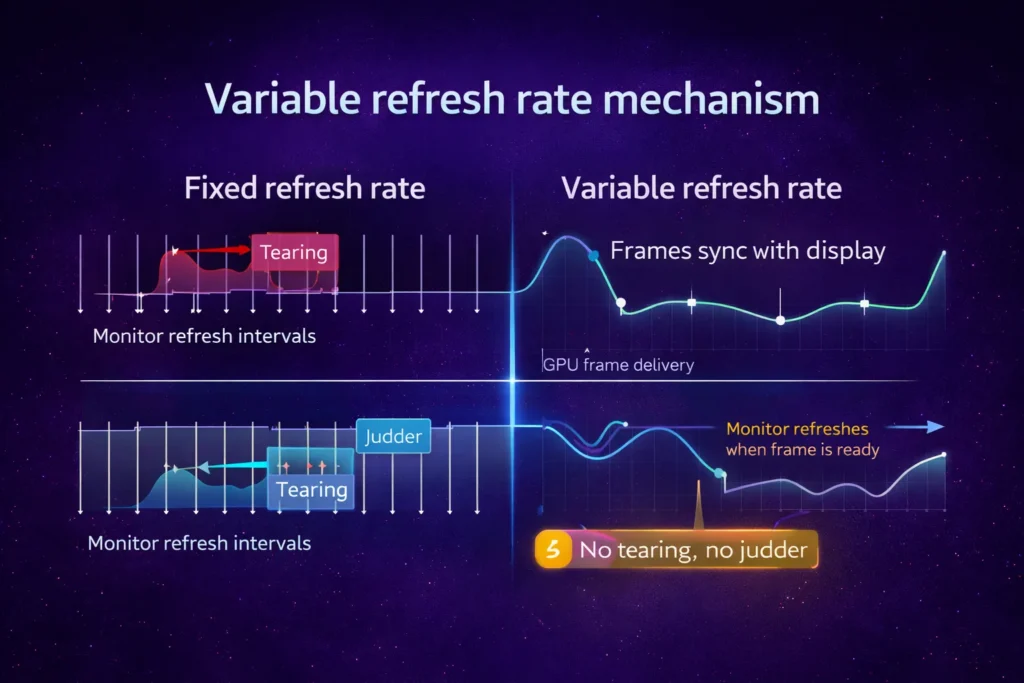 Variable refresh rate diagram showing fixed refresh rate causing tearing and judder versus VRR syncing monitor refresh to GPU frame delivery