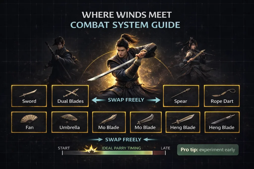 Where Winds Meet gameplay guide showing combat system with weapon type selection screen and skill tree overview