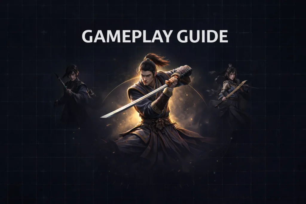 Where Winds Meet gameplay guide featured image showing combat systems weapons and Jianghu explained