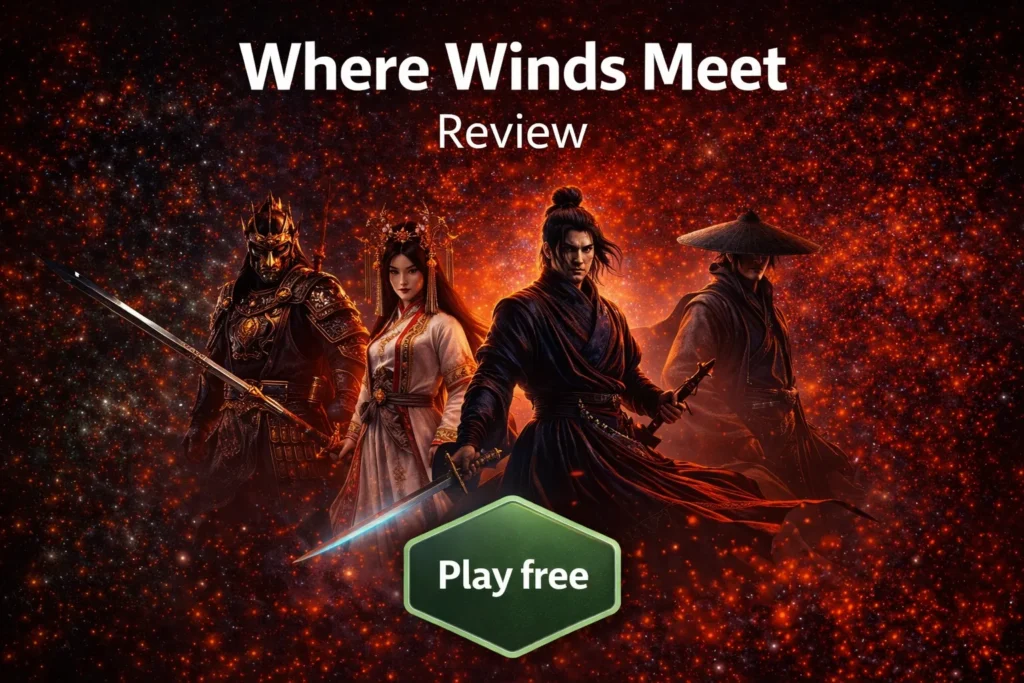 Where Winds Meet review verdict card showing 8 out of 10 score and play free recommendation