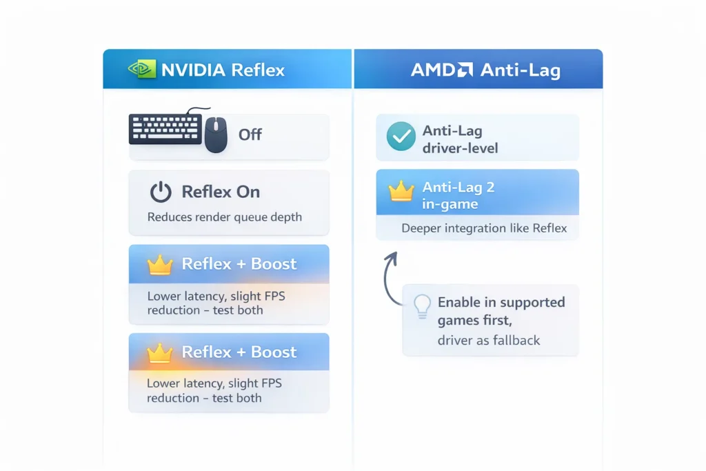 NVIDIA Reflex and AMD Anti-Lag settings guide showing three Reflex modes and Anti-Lag 2 configuration for reducing input lag in competitive gaming