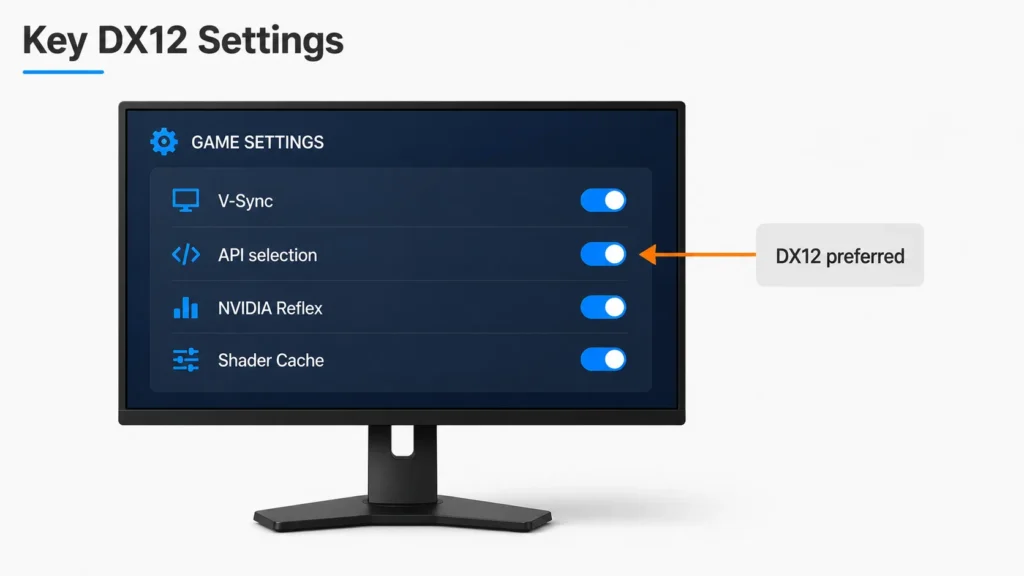 Gaming monitor showing per-game DirectX 12 optimization settings with annotation arrows for key options