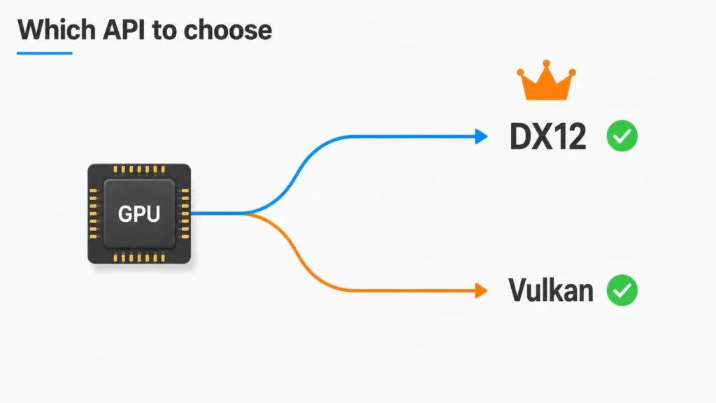 Flat decision diagram showing when to choose DirectX 12 optimization versus Vulkan for Windows gaming
