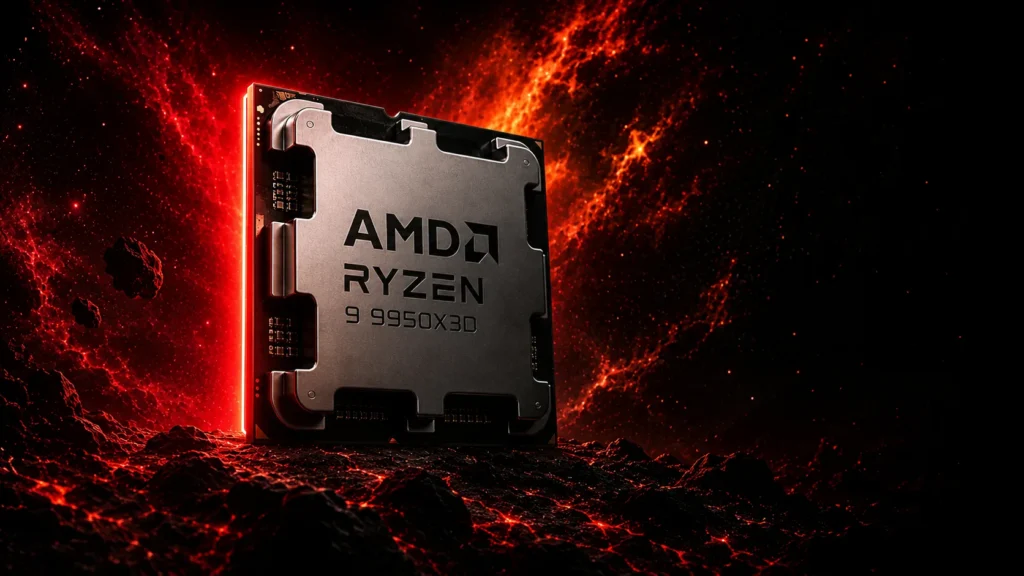Ryzen 9 9950X3D review CPU product shot representing the gaming benchmark performance section