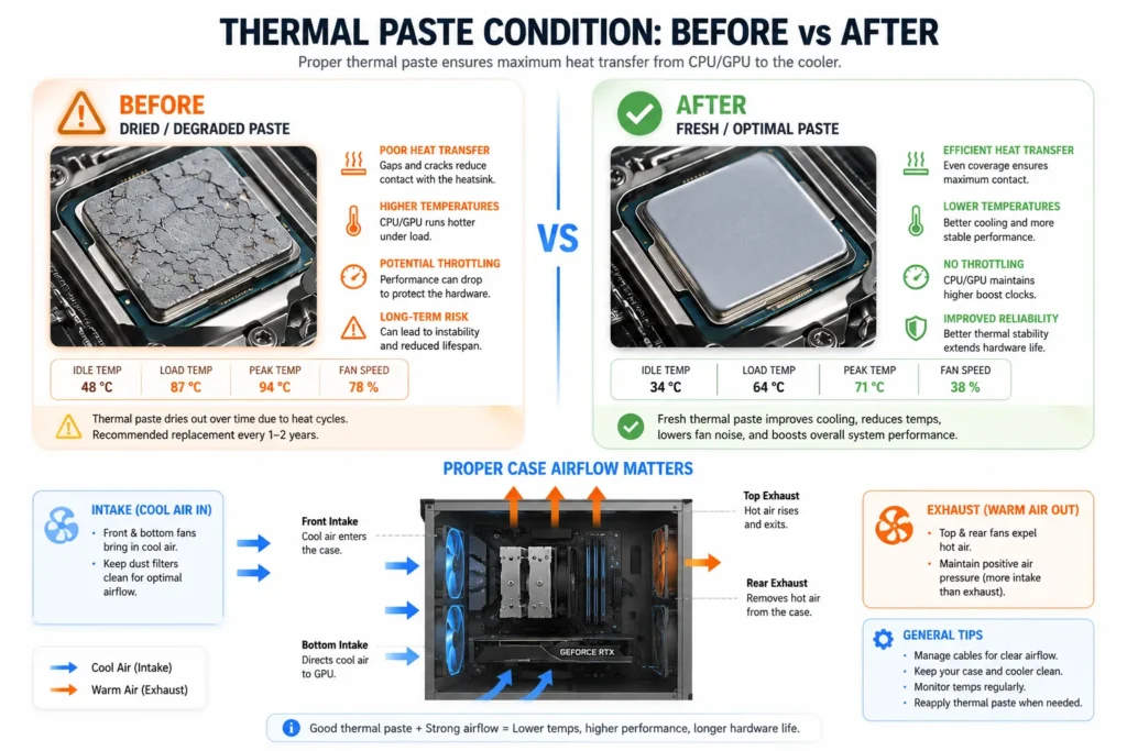 Comparison of dried thermal paste vs fresh application and correct PC case airflow direction for cooling
